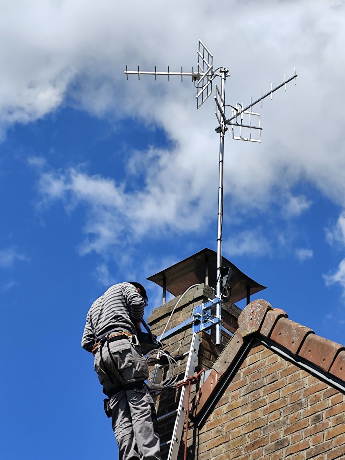 Installation antenne TNT Française et Belge sur mât 2m cerclage cheminée